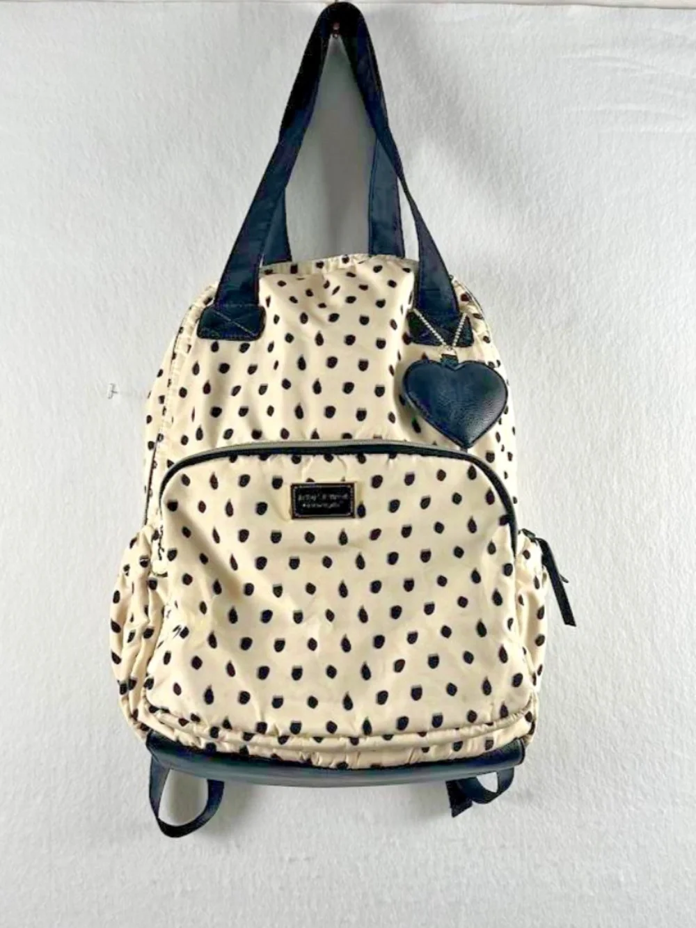 Betsey Johnson Cream Black Polka Dot Nylon Backpack Purse Heart Charm College